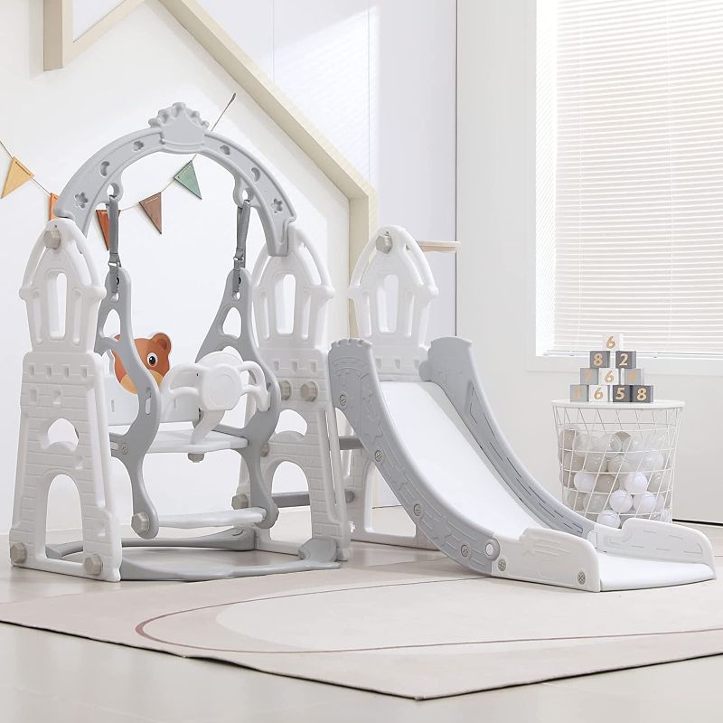 Photo 1 of MERIT play Toddler Slide Kids Slide and Swing Set, 4 in 1 Baby Slide Climber Playset with Basketball Hoop and Safety Swing Set, Indoor Outdoor Backyard Baby Playground Toys for Toddlers Age 1-5, Grey
