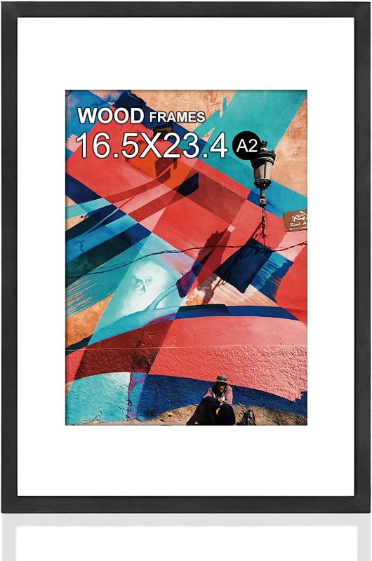 Photo 1 of A2 Poster Frame,16.5x23.4 Natural Soild Wood Black Picture Frames with Polished Plexiglass,Easy to Hang,Display Picture A2 without Mat or A3 with Mat for Wall Mounting Horizontally and Vertically
