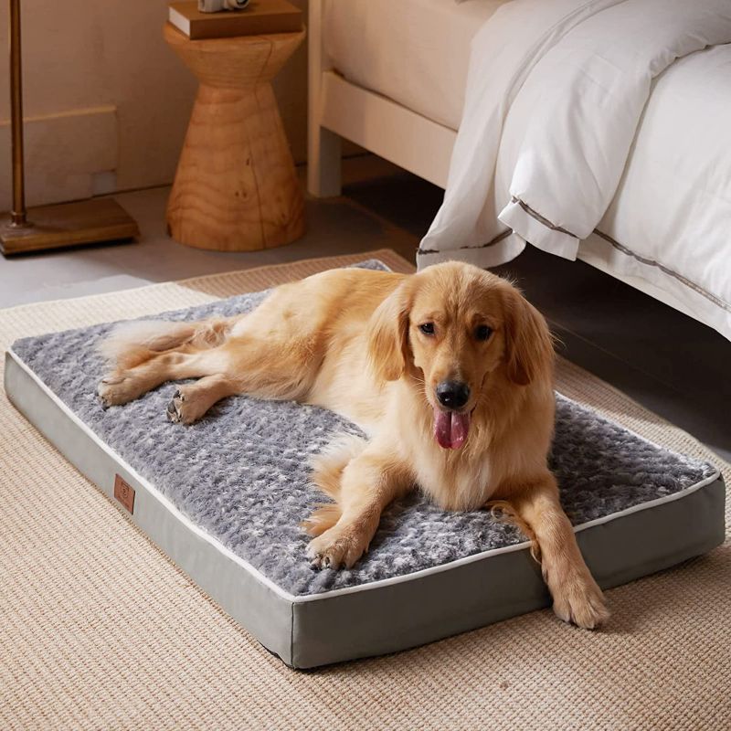 Photo 1 of WNPETHOME Orthopedic Large Dog Bed, Dog Bed for Large Dogs with Egg Foam Crate Pet Bed with Soft Rose Plush Waterproof Dog Bed Cover Washable Removable (Extra Large Dog Bed 54 x 36 x 4 inch, Grey)
