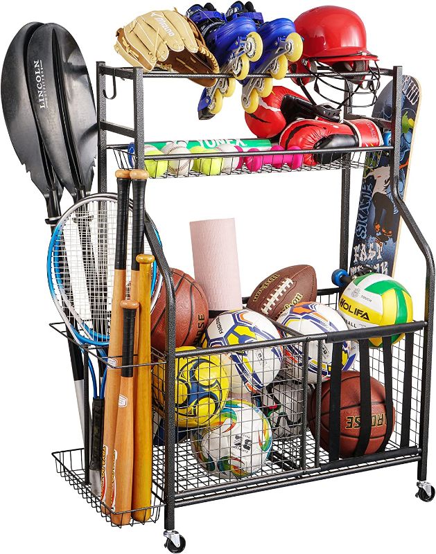 Photo 1 of PLKOW Sports Equipment Storage for Garage, Indoor/Outdoor Sports Rack for Garage, Ball Storage Garage Organizer with Basket and Hooks, Toy/Sports Gear Storage
