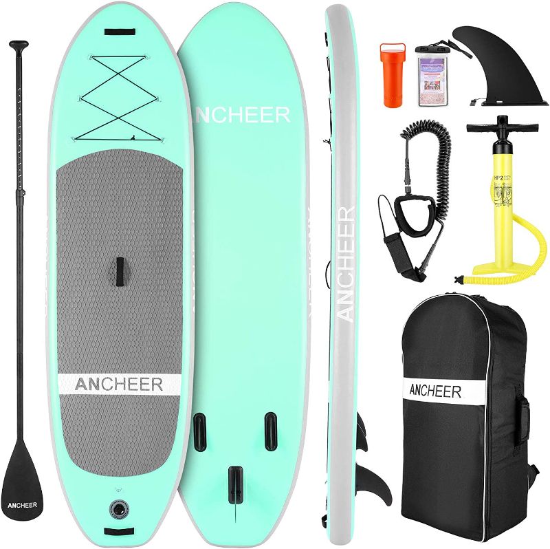 Photo 1 of Inflatable Stand Up Paddle Board with Complete SUP Accessories, Backpack, Leash, Adjustable Paddle and Hand Pump, Bottom Fin, Waterproof Bag, Repair Kit, All-Round Board for Youth & Adult
