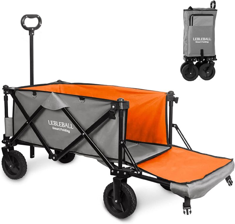 Photo 1 of LEBLEBALL Folding Outdoor Collapsible Wagon Portable Heavy Duty Large Capacity Folding Utility Wagon All Terrain Wagon Cart with 2 Cup Holders and Big Brake Wheels - Orange
