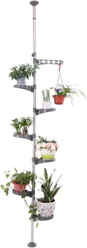 Photo 1 of 7-Tier Indoor Plant Pole Spring Tension Rod Expandable Flower Pots Display Rack Stand Hanger Metal Corner Storage Shelf, Grey