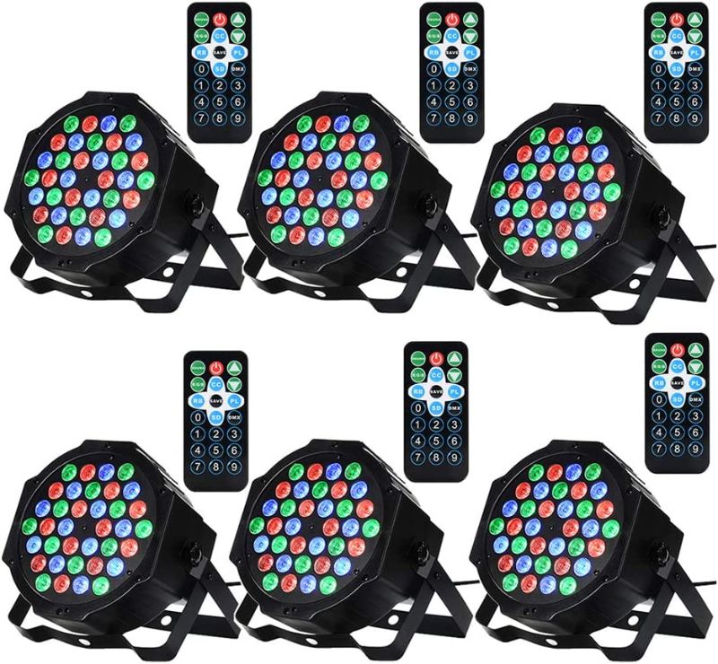 Photo 1 of LUNSY Dj Lights, 36 LED Par Lights Stage Lights with Sound Activated Remote Control & DMX Control, Stage Lighting Uplights for Wedding Club Music Show Christmas Holiday Party Lighting - 6 Pack
