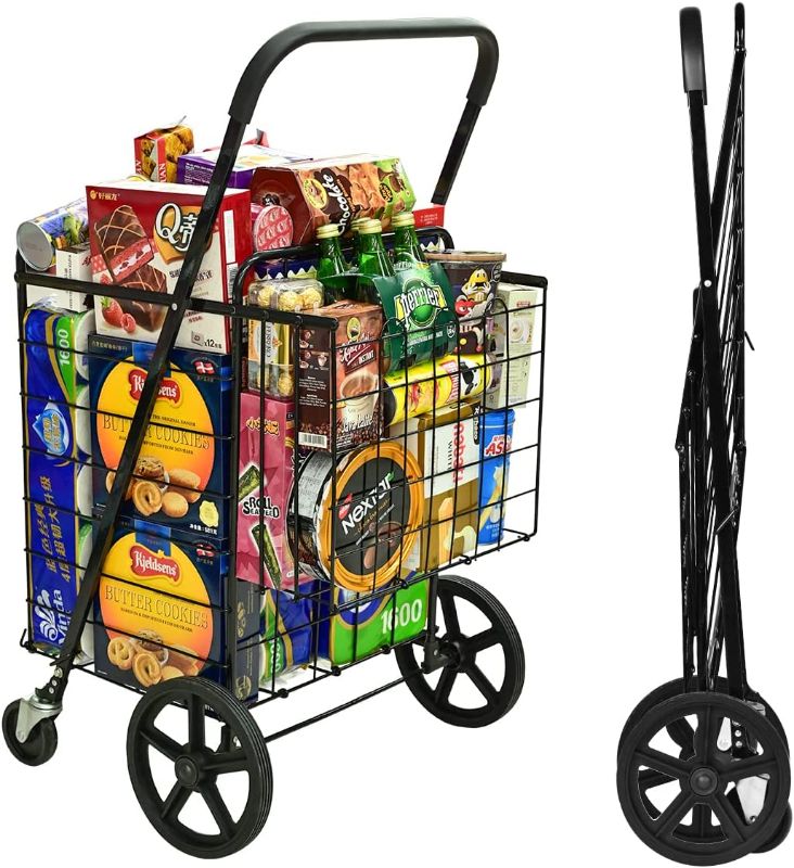 Photo 1 of siffler Shopping Cart with 360° Rolling Swivel Wheels for Groceries Jumbo Utility Shopping Cart with Double Basket Folding Portable Cart Saves Space for Laundry Grocery Luggage
