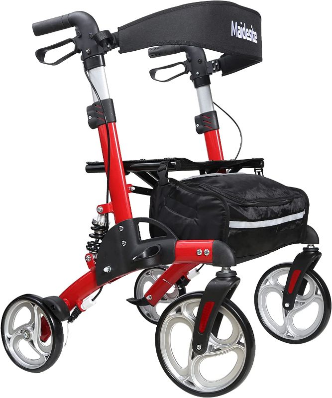 Photo 1 of Rollator Walker with Seat for Seniors, Foldable Rolling Walker with Adjustable Handles, Lightweight Mobility Walking Aid for Elderly with 10" Front Wheels, Support up to 400 lbs, Red
