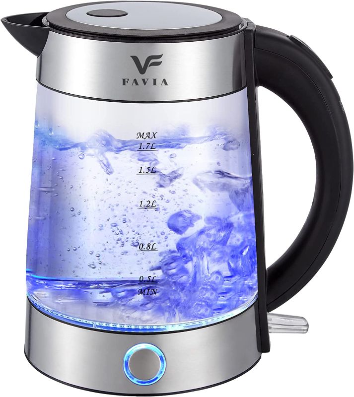 Photo 1 of FAVIA Electric Kettle Water Boiler for Boiling Hot Water 1.7L with Wide Opening Auto Shut-Off & Boil-Dry Protection Tea Kettle Glass Pot Cordless LED Indicator 1500W BPA Free
