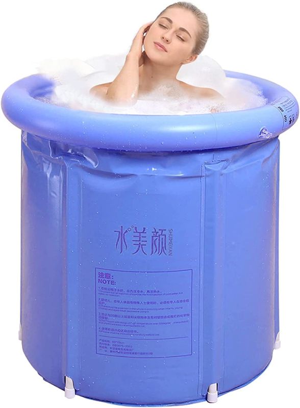 Photo 1 of G Ganen Ice Bath Hot SPA Tub Unisex Portable Foldable Inflatable 3 Layer PVC Freestanding Bathtub , 29.5 Inch Blue
