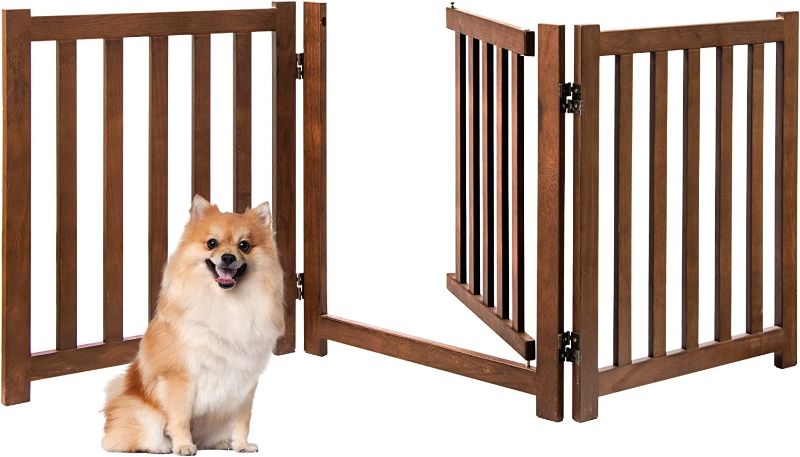 Photo 1 of Freestanding Dog Gate-24'' Solid Oak Wood Wooden Pet Gate with Door Walk Through, Accordion Style Folding Fence for Stairs, Doorways, Halls & Home, Indoor Outdoor Gate Safety Fence, 3 Panels, Walnut
