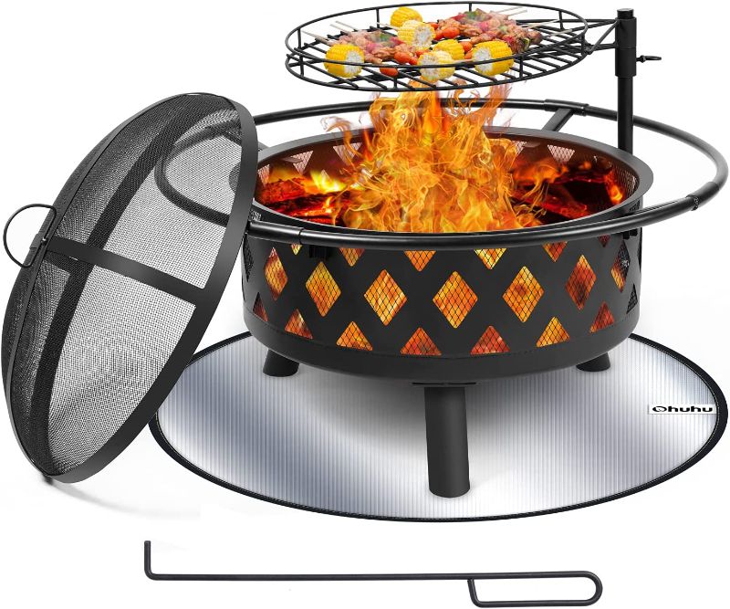 Photo 1 of 30 Inch Large Fire Pit with Cooking Grate for Outside, Ohuhu 2-in-1 Outdoor Wood Burning Fire Pits with Fireproof Mat, Mesh Lid & Poker, BBQ Grill Firepit for Patio Backyard Garden Camping Bonfire
