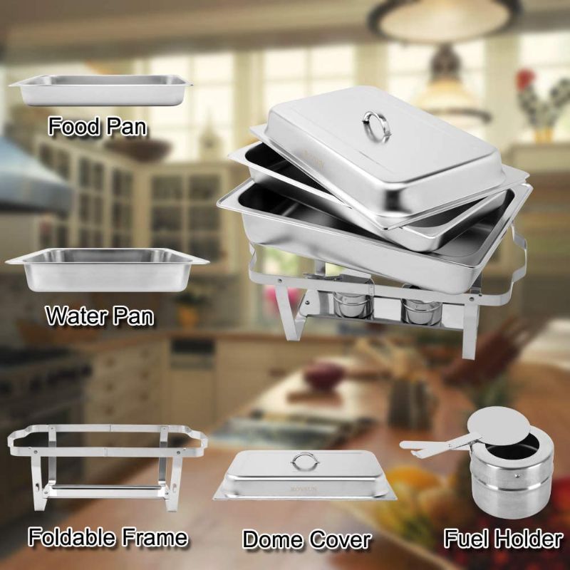 Photo 1 of (2ct 4Qt) (4ct 8 Qt) pans 4 Pack Full Size Stainless Steel Chafing Dishes Buffet Set, Silver Rectangular Catering Chafer Warmer Set with Trays Pan Lid Folding Frame for Kitchen Party Banquet Dining