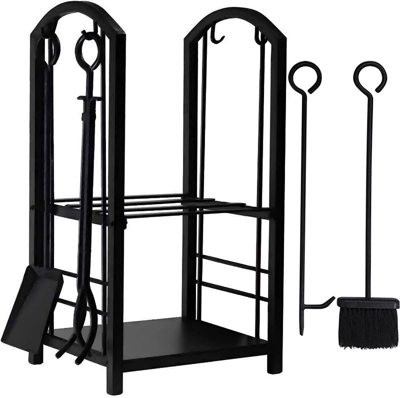 Photo 1 of AMAGABELI GARDEN & HOME Firewood Rack Fireplace Tool Rack Indoor Wood Holders Fireplace Outdoor Log Holder Rack Lumber Storage Stacking Black Stove Wrought Iron Large Logs Bin Fireplace Tools Set Tongs Accessories
