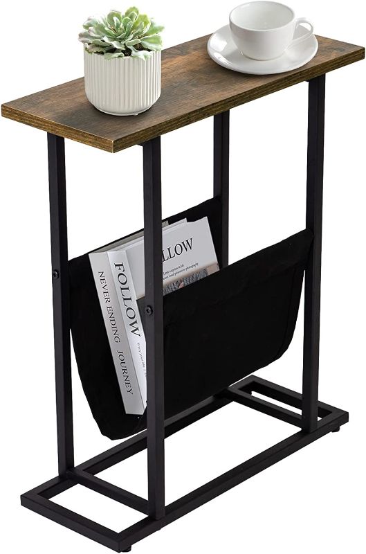 Photo 1 of Small Side Table for Small Spaces - Narrow Small End Tables Living Room - Slim End Table with Magazine Holder - Skinny Bedside Table Small Nightstand Bedroom - Industrial Rustic Little Thin Side Table
