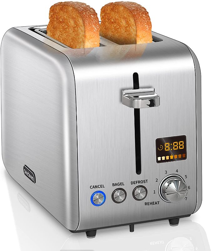 Photo 1 of SEEDEEM Toaster 2 Slice, Stainless Steel Bread Toaster with Colorful LCD Display, 7 Bread Shade Settings, 1.4'' Wide Slots Toaster with Bagel/Defrost/Reheat Functions, Removable Crumb Tray, 900W, Silver Metallic
