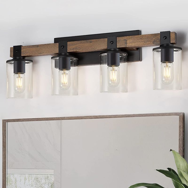 Photo 1 of DUJAHMLAND Farmhouse Vanity Light Fixture, Industrial 4-Light Wood Wall Sconce Bathroom Vanity Lighting with Clear Glass Lights Shade,for Hallway,Kitchen,Bedroom(Antique Wood, 4-Light)
