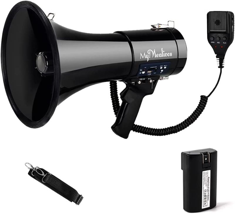 Photo 1 of MyMealivos Megaphone with Siren Bullhorn 50 Watt Bullhorn Speaker with Detachable Microphone, Portable Lightweight Strap & 3.5mm Aux Input
