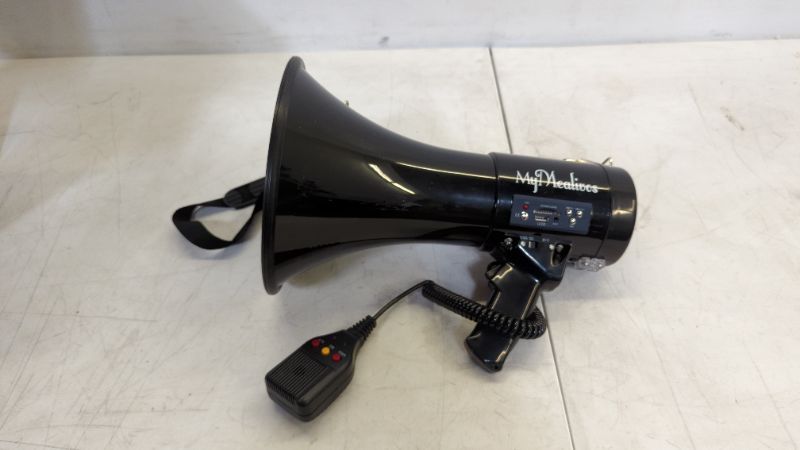 Photo 3 of MyMealivos Megaphone with Siren Bullhorn 50 Watt Bullhorn Speaker with Detachable Microphone, Portable Lightweight Strap & 3.5mm Aux Input
