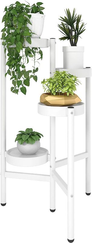 Photo 1 of THKKY Metal 4 Tier Plant Stand Plastic Base Multiple Flower Pot Holder Shelves Planter Rack Storage Organizer Display for Indoor Garden Balcony (4 Tier, White)
