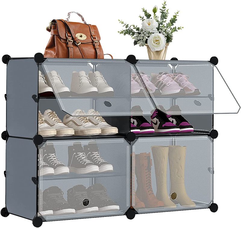 Photo 1 of Shoe Rack Organizer, 4 Cube 8 Tier Covered Shoe Rack Cabinet 16 Pair Freestanding DIY Storage Shelves Plastic Shoe Rack for Closet Entryway Hallway Bedroom or Garage, Dark Grey
