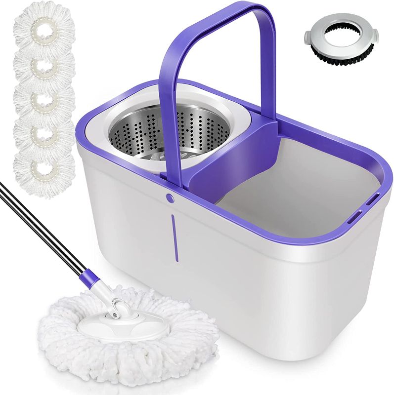 Photo 1 of MASTERTOP Spin Mop and Bucket with Wringer Set,Wet and Dry Use for Floor Cleaning, Adjustable Handle, 5 Reusable Washable Microfiber Pads,1 Floor Brush Head
