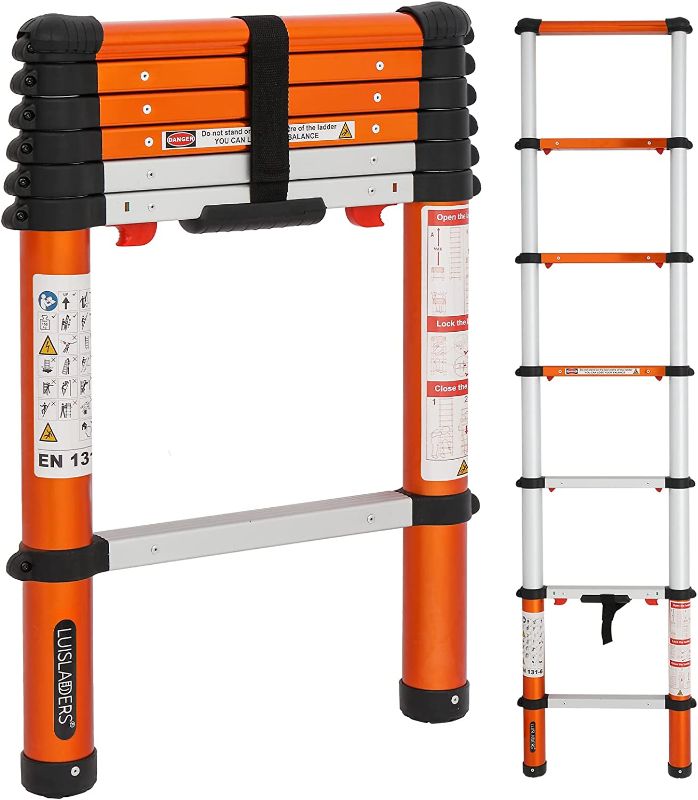 Photo 1 of LUISLADDERS Telescoping Ladder Multi-Use Telescopic Extension Ladder One-Button Retraction Anti-Pinch and Anti-Slip 330 Lb Capacity (6.5 Feet)
