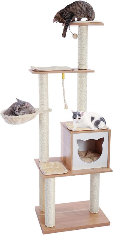 Photo 1 of Made4Pets Cat Tree Cat Tower for Indoor Cats 65.6 Inches Modern Wood Cat Condo with Scratching Post for Large Cats Climbing, Multi-Level Tall Cat Tower Tree House with Hammock for Kitten Play and Rest
