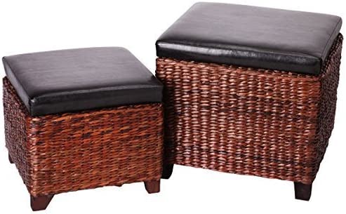 Photo 1 of Eshow Storage Ottoman, Set of 2 Rattan Ottoman with Storage, Ottomans Foot Rest Pouf Ottoman Foot Stools Cube Decoration Furniture Leather Ottoman Seating Storage Bench Ottoman with Tray
