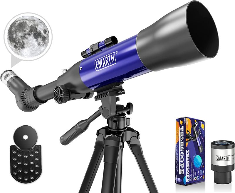 Photo 1 of Emarth Telescope for Adults, 70x500mm AZ Astronomical Refractor Interstellar Telesocpe for Beginners Adults, Scope with Tripod, Phone Adapter, Star Finder, STEM Gift, Blue
