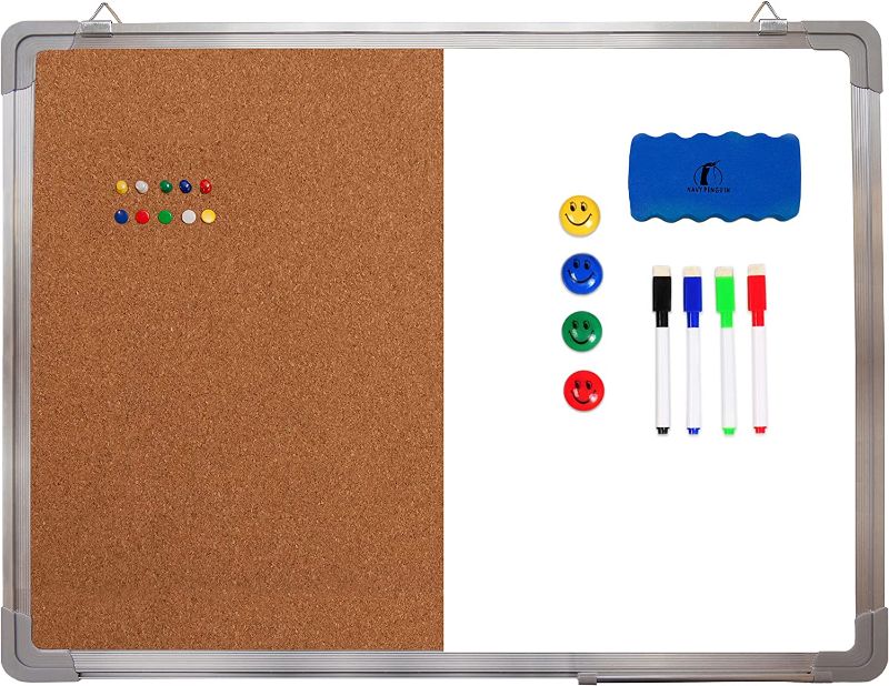 Photo 1 of Combination Whiteboard Bulletin Board Set - 24 x 18" Dry Erase/Cork Board with 1 Magnetic Dry Eraser, 4 Markers, 4 Magnets and 10 Thumb Tacks - Small Combo Tack White Board for Home Office Desk
