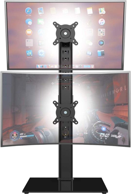 Photo 1 of Dual Monitor Stand - Vertical Stack Screen Free-Standing Monitor Riser Fits Two 13 to 34 Inch Screen with Swivel, Tilt, Height Adjustable, Holds One (1) Screen Up to 44Lbs
