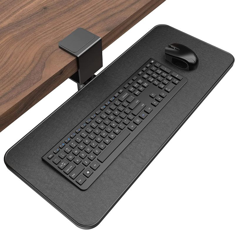 Photo 1 of Rotating Keyboard Tray Under Desk - Klearlook PU Leather Keyboard Drawer Adjustable C Clamp,Ergonomic Mouse Keyboard Platform Extender,No Drilling,Easy Install Keyboard Stand