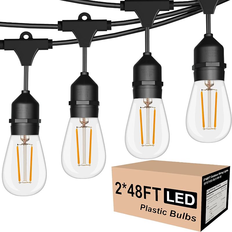 Photo 1 of 2 Pack 48FT Outdoor String Lights LED Commercial Grade Heavy Duty Light String Lights with 2W Dimmable S14 LED Glass Bulbs Include 2 Spare for Backyard Patio Bistro Market Cafe Hanging Lights String
