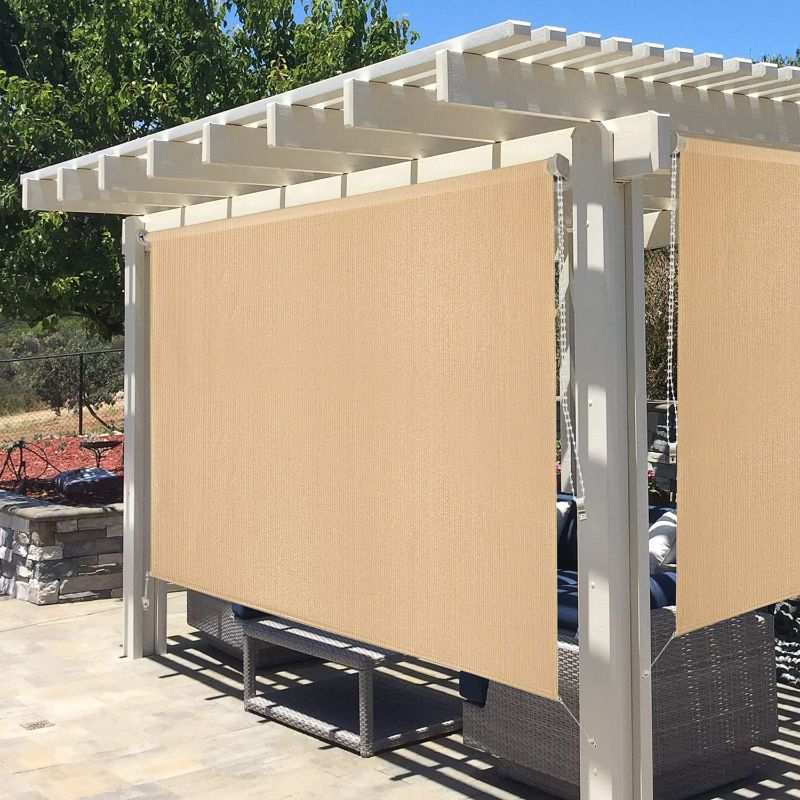 Photo 1 of Outdoor Roller Shade 4'(W) x6'(L) Exterior Roll Up Shade Window Blinds, Privacy Patio Sun Shade Roller Shade for Deck Porch Gazebo Balcony Pergola, Sesame