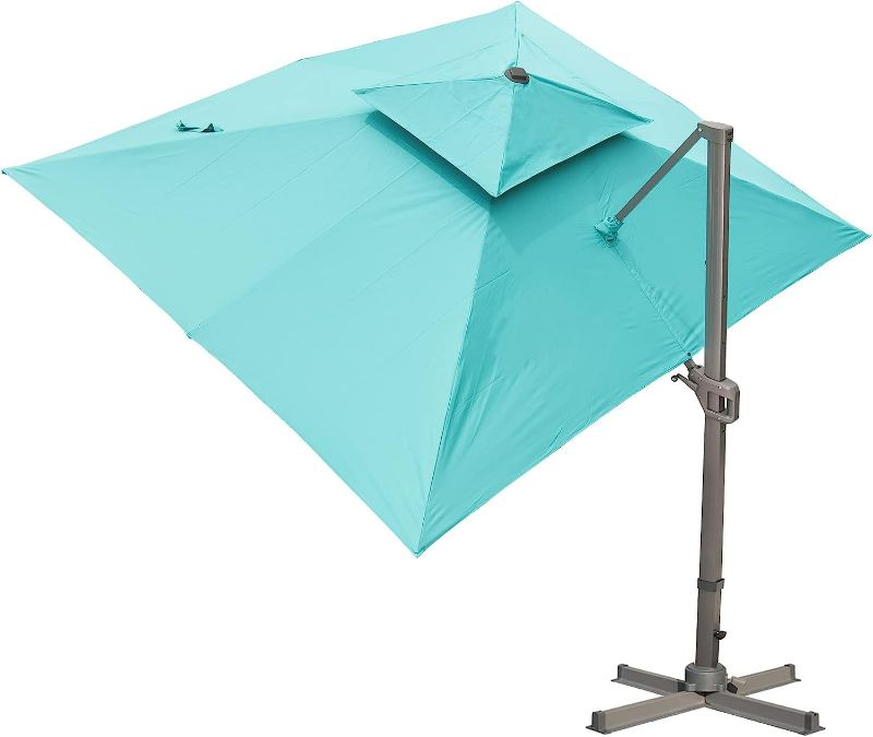 Photo 1 of LKINBO 10X10FT Cantilever Umbrella Double Top Outdoor Umbrellas Large Patio Umbrella Windproof Offset Umbrella Heavy Duty Hanging Sun Umbrella With Cross Base for Garden Deck Pool Beach Market,Turquoise Blue
