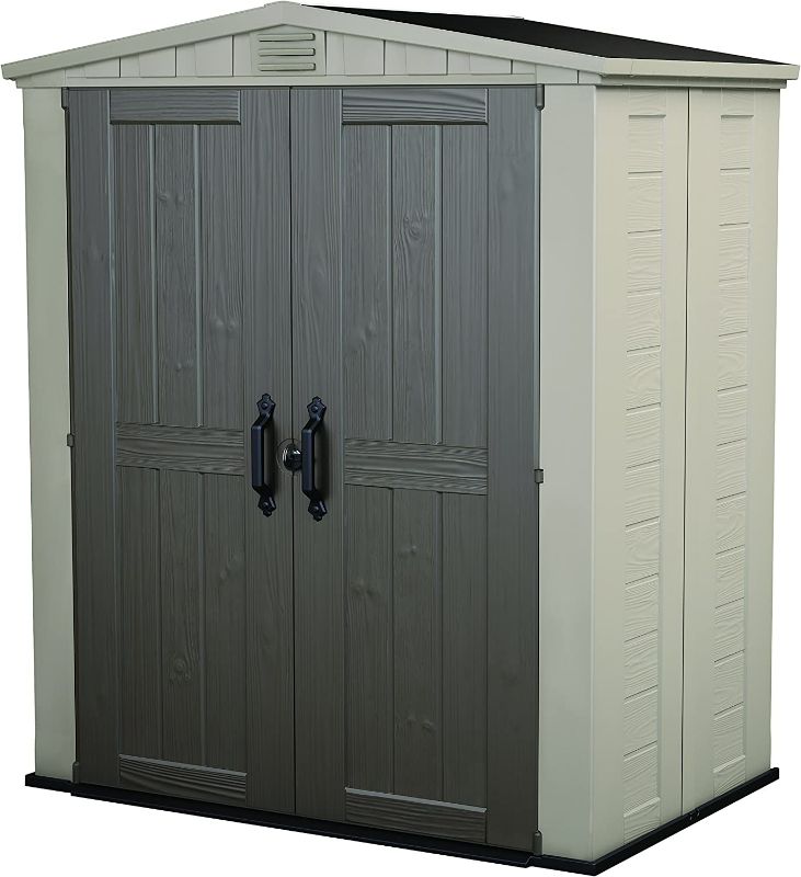 Photo 1 of Keter Factor 6x3 Outdoor Storage Shed Kit-Perfect to Store Patio Furniture, Garden Tools, Bike Accessories, Beach Chairs and Push Lawn Mower, Taupe & Brown
