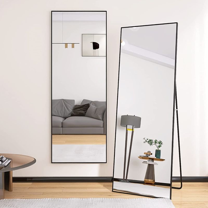 Photo 1 of Beauty4U 65" x 24" Wall Mounting Full Body Mirror, Full Length Mirror with Stand, Alloy Frame Full-Length Mirror for Living Room, Bedroom, Black
