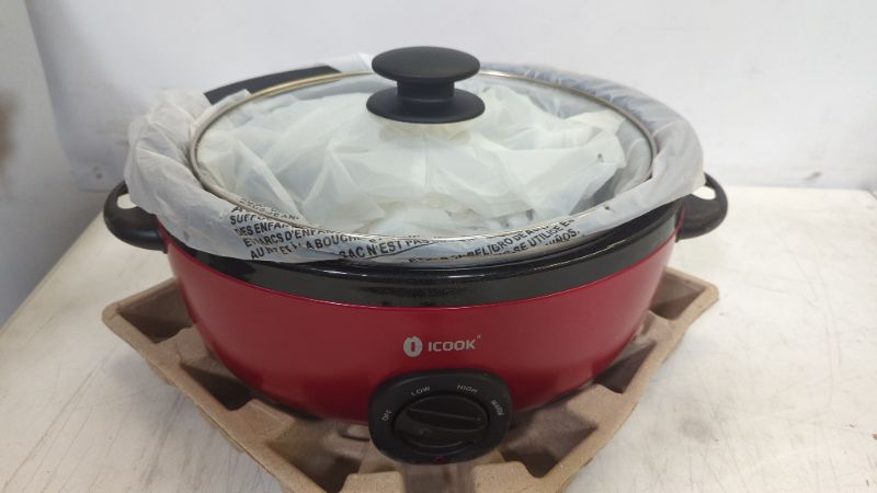Photo 3 of ICOOK USC-65-OP001RD 6.5 Quart Slow Cooker,Aluminium Sear/Sauté Stew Pot Stovetop safe,Dishwasher Safe,Glass Lid,Adjustable Temp,Food Warmer,RED
