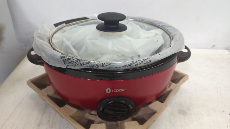 Photo 1 of ICOOK USC-65-OP001RD 6.5 Quart Slow Cooker,Aluminium Sear/Sauté Stew Pot Stovetop safe,Dishwasher Safe,Glass Lid,Adjustable Temp,Food Warmer,RED
