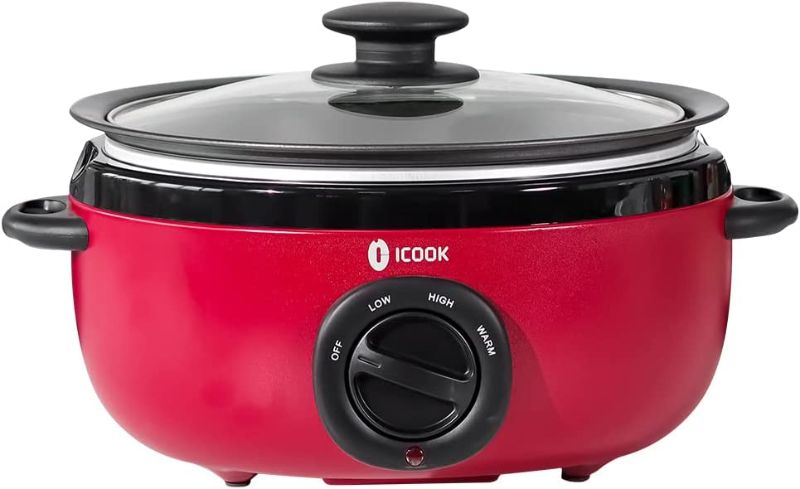Photo 1 of ICOOK USC-65-OP001RD 6.5 Quart Slow Cooker,Aluminium Sear/Sauté Stew Pot Stovetop safe,Dishwasher Safe,Glass Lid,Adjustable Temp,Food Warmer,RED
