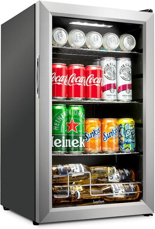 Photo 1 of Ivation 101 Can Beverage Refrigerator | Freestanding Ultra Cool Mini Drink Fridge | Beer, Cocktails, Soda, Juice Cooler for Home & Office | Reversible Glass Door & Adjustable Shelving, Stainless Steel
