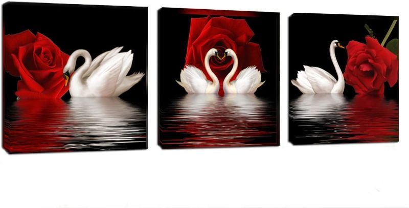 Photo 1 of Amoy Art -3 Panels Beautiful Romantic Swans Art Print on Canvas Red Rose Flowers Wall Art Decor Stretched Frames for Bedroom Bathroom Ready to Hang

