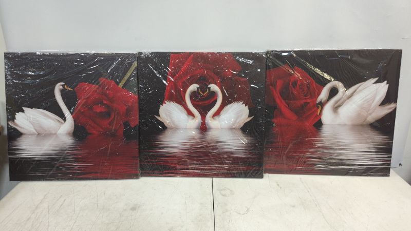 Photo 3 of Amoy Art -3 Panels Beautiful Romantic Swans Art Print on Canvas Red Rose Flowers Wall Art Decor Stretched Frames for Bedroom Bathroom Ready to Hang
