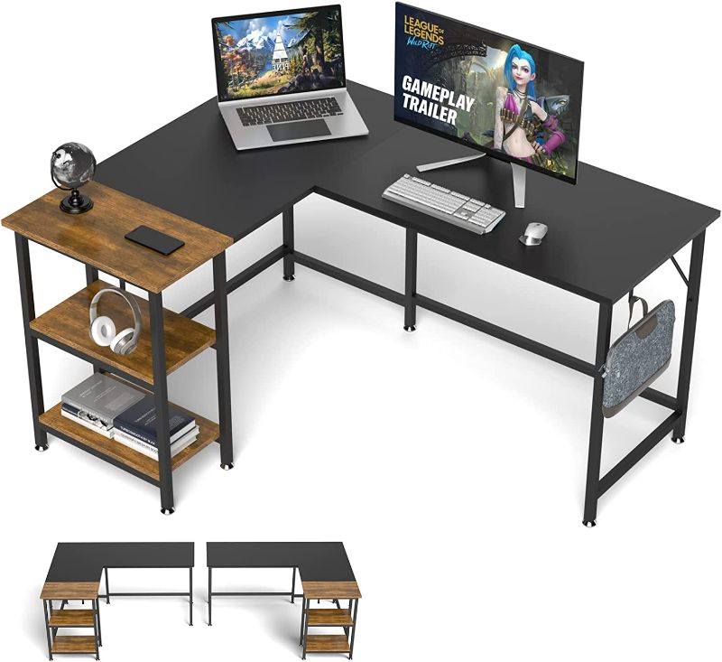 Photo 1 of Klvied L Shaped Desk for Home Office, Double Color L Table with Storage Shelves, Reversible Corner Computer Desk, Space-Saving Desk Workstation, Industrial Simple Wooden Writing Table, Black
