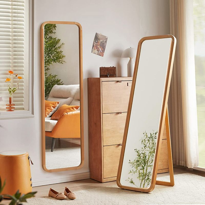 Photo 1 of TinyTimes 63"×18" Wooden Full Length Mirror, Floor Mirror with Stand, Beech, Rounded Corner, Rustic Mirror, Free Standing or Wall Mounted, for Bedroom, Living Room, Dressing Room - Natural
