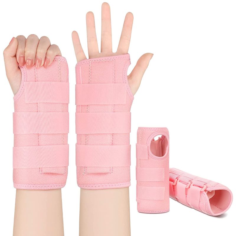 Photo 1 of 2 Pieces Carpal Tunnel Wrist Brace Support Removable Metal Wrist Splint for Women Men, Three Adjustable Compression Straps for Tendinitis, Sports Injuries, Pain Relief, Black (Right and Left Hand, Pink)
