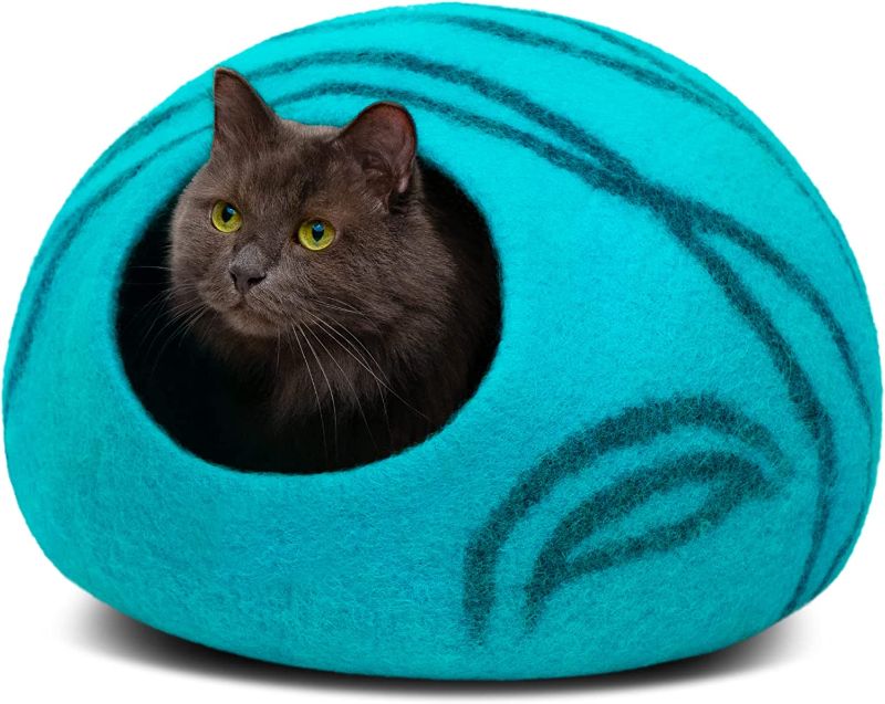 Photo 1 of MEOWFIA Premium Felt Cat Bed Cave - Handmade 100% Merino Wool Bed for Cats and Kittens (Light Shades) (Medium, Aquamarine)
