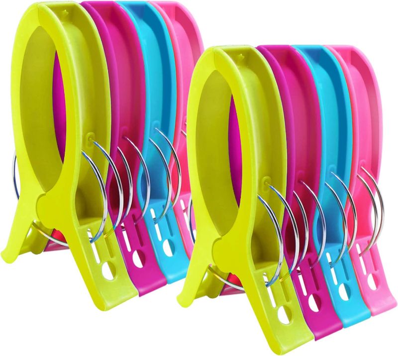 Photo 1 of HiGift 8 Pack Beach Towel Clips for Beach Chairs?Jumbo Size Towel Clips for Cruise Chair Pool Towel Clips On Lounge Chairs Lawn Chair in Bright Color-Keep Your Towel from Blowing Away-6.3 Inch
