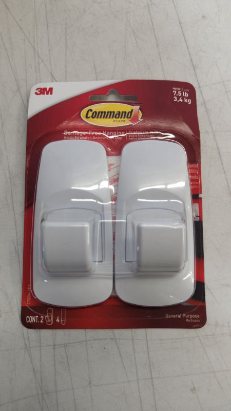 Photo 2 of Command Jumbo Utility Hooks, Damage Free Hanging Wall Hooks with Adhesive Strips, No Tools Wall Hooks for Hanging Decorations in Living Spaces, 2 White Hooks and 4 Command Strips White 2 Hooks