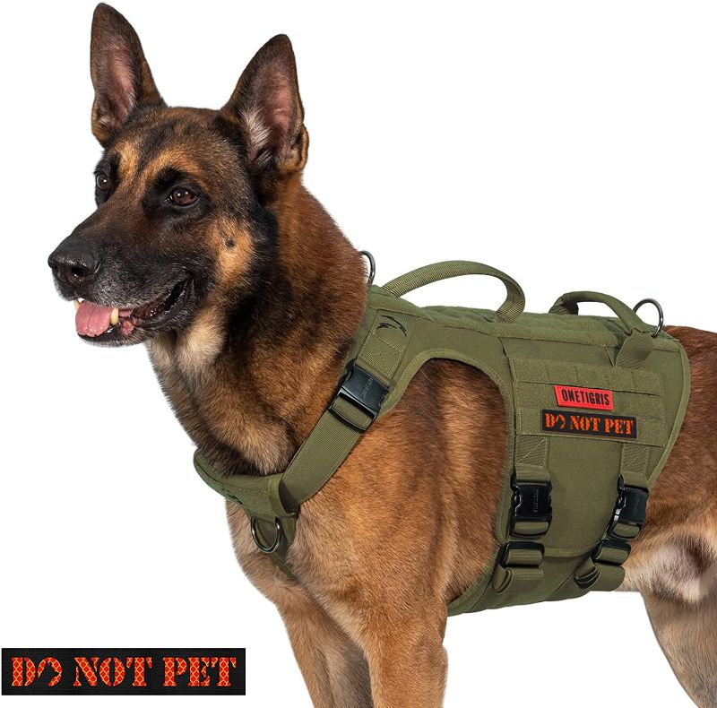 Photo 1 of OneTigris Tactical Dog Harness for Large Dog Full Metal Buckled No Pull Dog Harness Vest with Hook & Loop Panels, Military Adjustable Easy to Put On Dog Vest Dog for Walking Hiking Training Green
