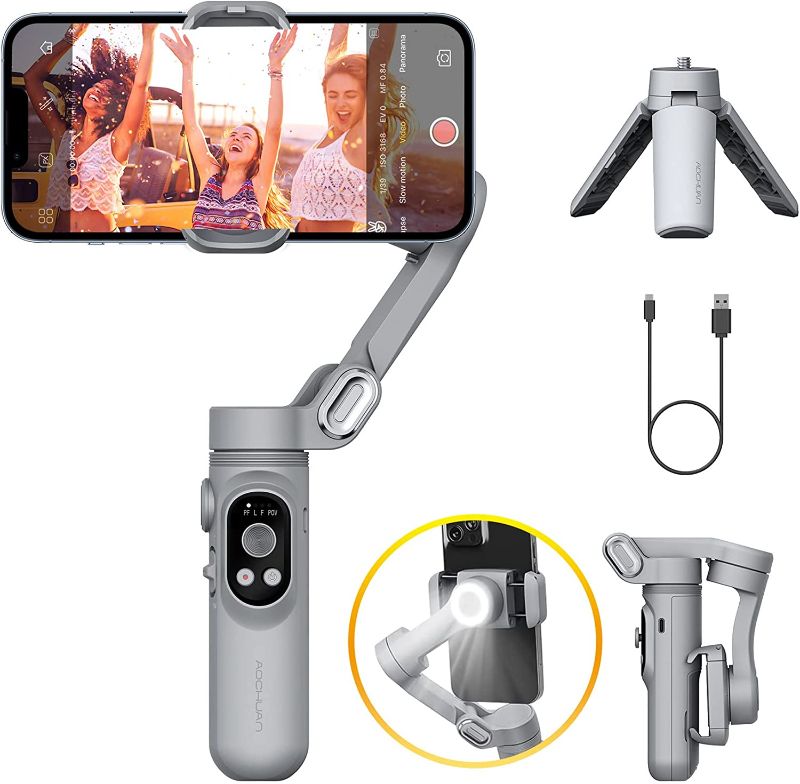 Photo 1 of Gimbal Stabilizer for Smartphone w/LED Light Face Tracking Inception Timelapse Handheld Foldable 3-Axis Gimble for iPhone 14 13 12 11 Pro/Max Android Galaxy S21 YouTube TikTok Vlog AOCHUAN Smart X
